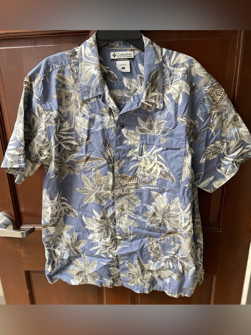Columbia Men's Blue Floral/Fish  Short-Sleeve Camp Shirt Size L Cotton Tropical